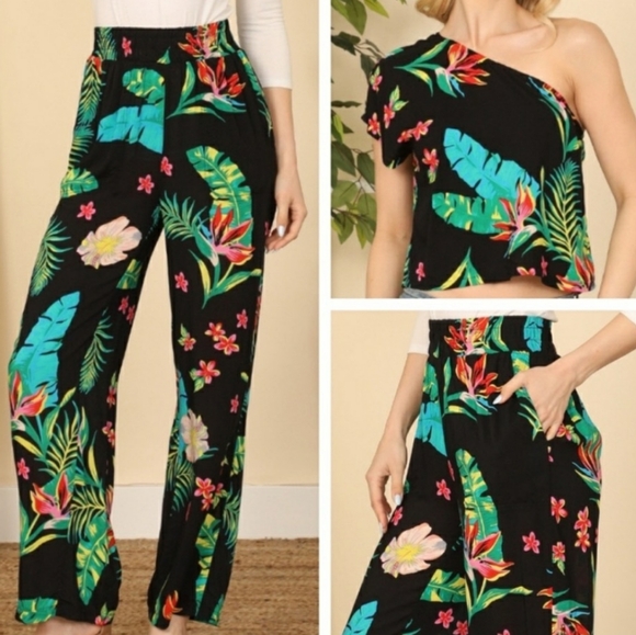 NWT Riah Fashion Tropical One Shoulder Crop Top with Pant Sz Lrg - Picture 1 of 7